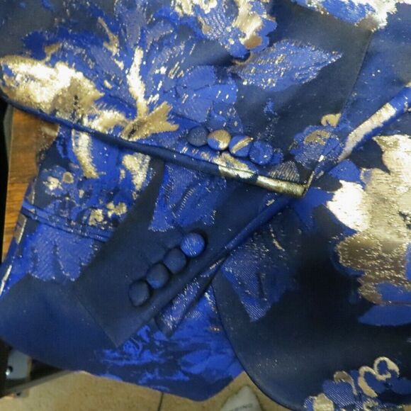 Moss London Mens Party Satin Gold Metallic Floral Skinny Button Jacquard Coat M - Picture 10 of 16